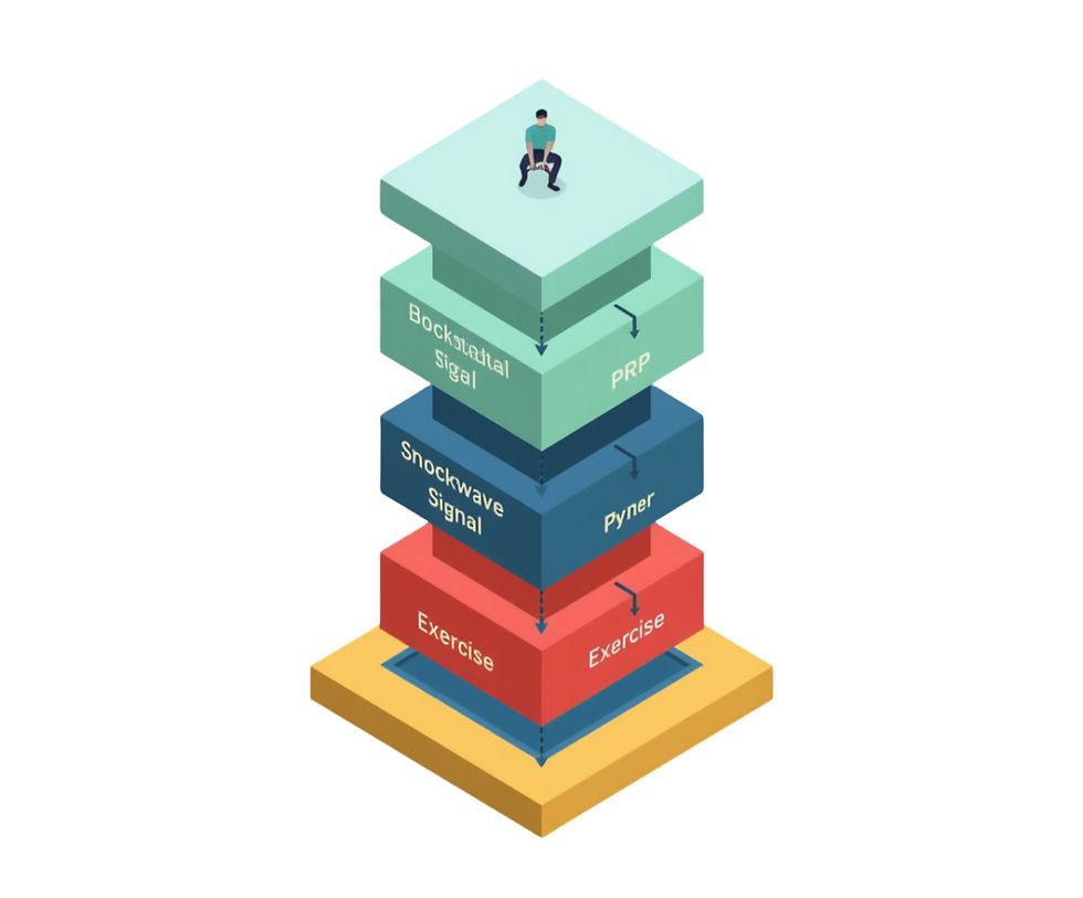 Stacked 3D blocks diagram with a seated person on top; labels include Backstrate? signal, PRP, Shockwave signal, Pyner, and Exercise