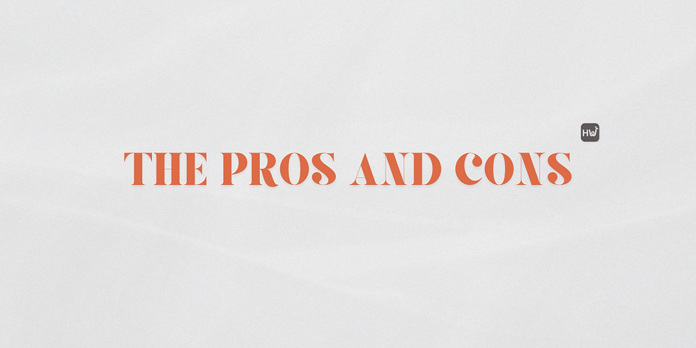 Text "The Pros and Cons" in bold orange on a white background. A small logo with "HW" appears at the top right.