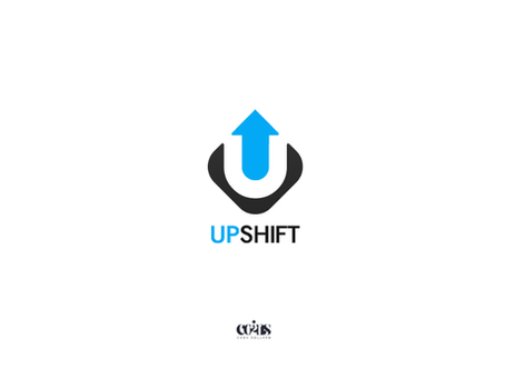 UPSHIFT logo with blue up arrow and black U icon on white background; small Coins to Cash Dollars logo below.