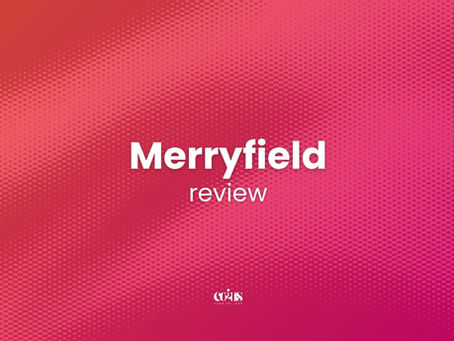 Pink halftone gradient title card with centered text Merryfield review and a small 'Coins to cash dollars' logo at the bottom