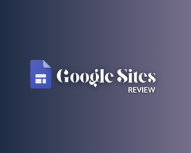 Blue-purple gradient background with Google Sites logo and text Google Sites Review in white.