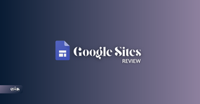 Blue-purple gradient background with Google Sites logo and text Google Sites Review in white.