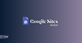 Blue-purple gradient background with Google Sites logo and text Google Sites Review in white.