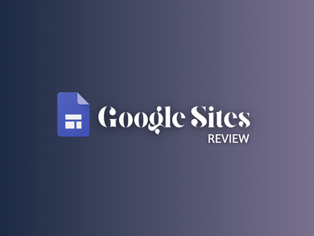 Blue-purple gradient background with Google Sites logo and text Google Sites Review in white.