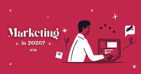 A person works on a laptop with text "Marketing in 2026?" on a red background with stars, depicting futuristic marketing concepts.