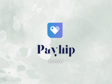 Payhip logo with a blue and white heart icon at center. Text: "Payhip Review" beneath. Soft, textured green & gray background.