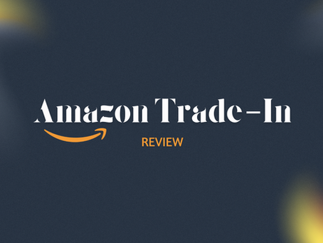 Text "Amazon Trade-In Review" on dark blue background with blurred orange, yellow, and gray accents.