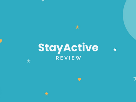 Teal graphic with stars, hearts, and a cloud; centered text reads StayActive review.