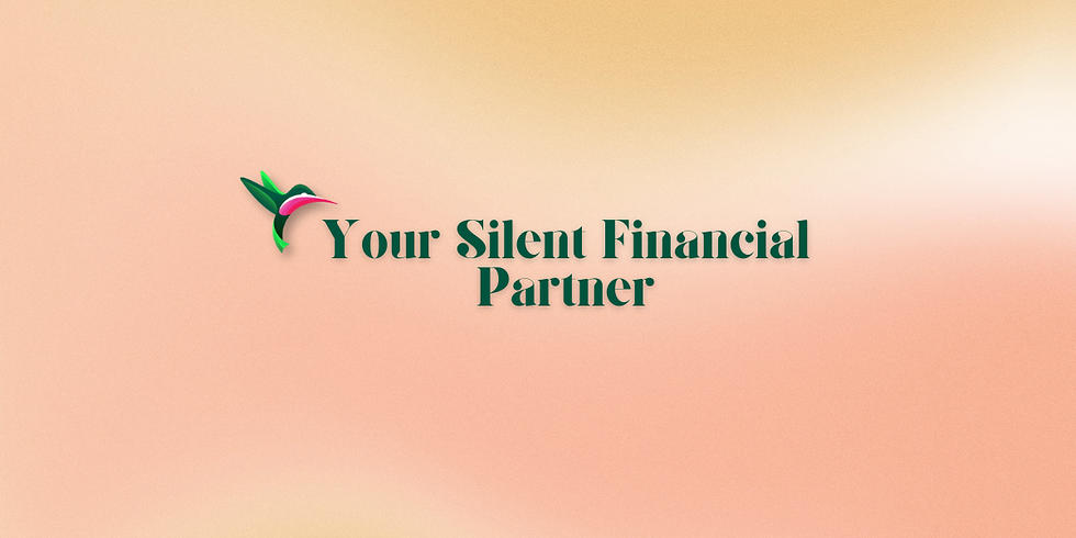Text "Your Silent Financial Partner" with a hummingbird graphic on a soft peach and beige gradient background. Calm and professional mood.