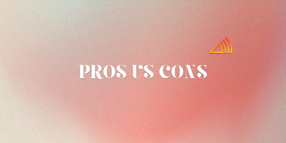 Text "PROS VS CONS" on a soft red gradient background with an orange triangle design. Minimalistic and balanced mood.