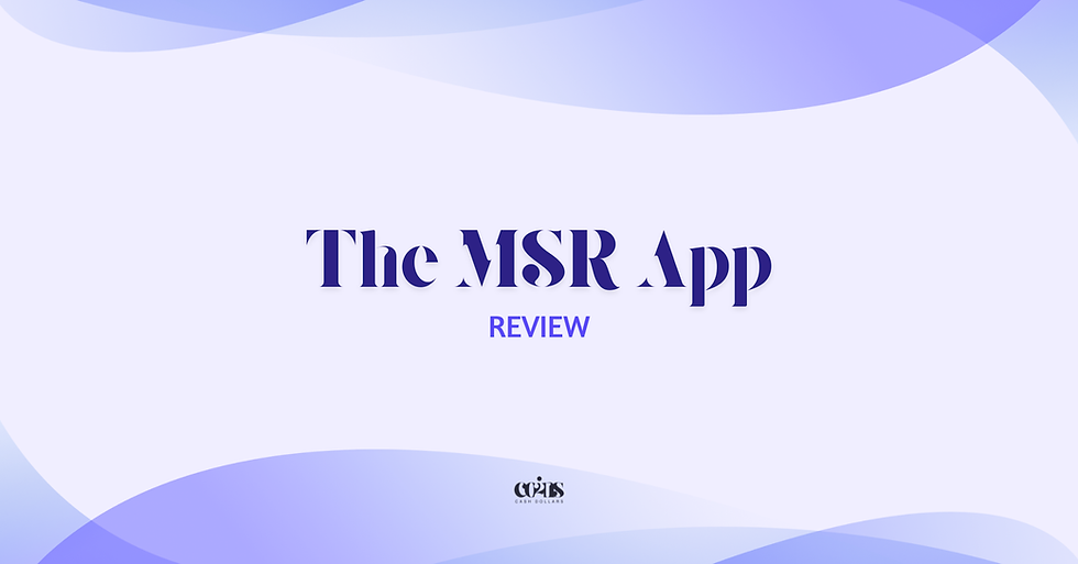 Text "The MSR App" in bold purple on a soft purple abstract background. "REVIEW" in smaller text below. The host website's Coins To Cash logo at the bottom.