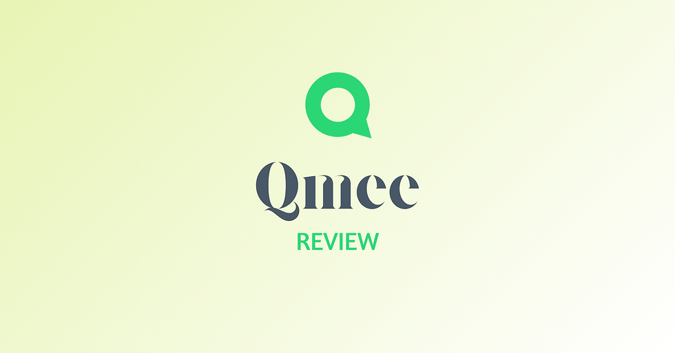 Green chat bubble icon above bold gray "Qmee" text and green "REVIEW" on light green gradient background.