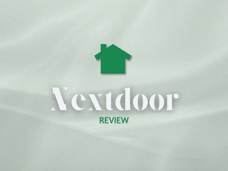 Green house icon above "Nextdoor Review" text on light gray textured background. The mood is professional and minimalistic.