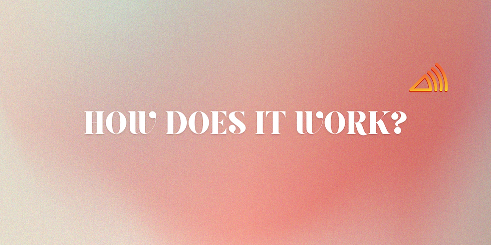 Text "How Does It Work?" on a gradient pink background with an orange sound icon on the right. Mood is curious and inviting.