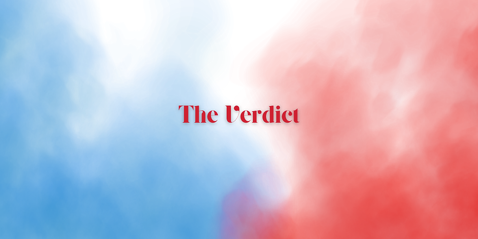 Blended red and blue background with the text "The Verdict" in the center. The colors create a soft, misty effect.