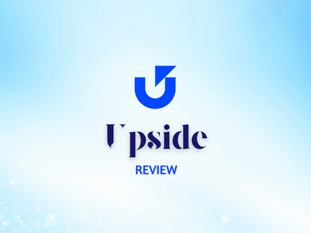Blue and white gradient background with sparkles. "Upside" and "REVIEW" text centered in blue. Mood is bright and uplifting.