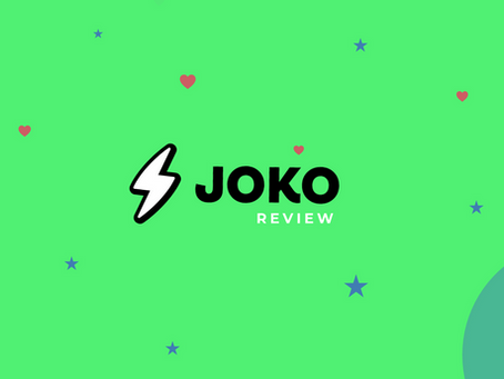 JOKO REVIEW text with a lightning bolt on bright green background, scattered stars and hearts, playful and cheerful.