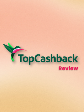TopCashback Review text with green and pink hummingbird logo on a peach gradient background.