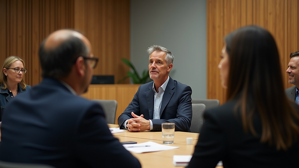 Eye-level view of a person confidently speaking in a group discussion