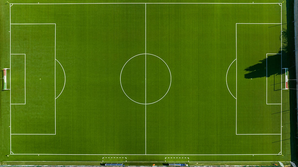 Aerial view of an empty green football field with white lines, center circle, goals, and long tree shadows.