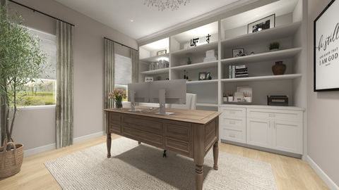 Custom gray home office design with shelving and built-in desk, Greencastle, Pennsylvania