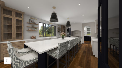 Luxury kitchen design with two islands and black pendant lights in Hedgesville, West Virginia