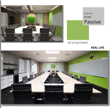 Commercial office rendering with shared workstations and green accents - Inwood, WV
