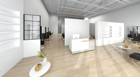 Bright commercial lobby design with curved white desk and open ceiling - Hagerstown, MD