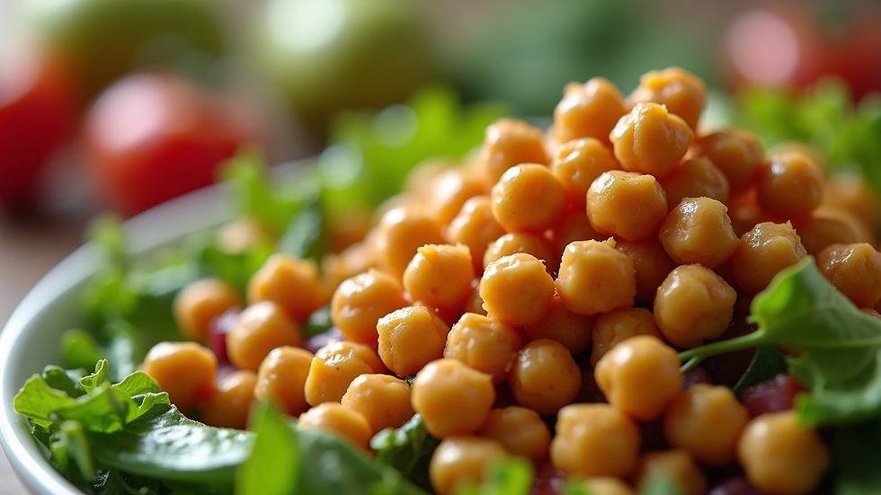 Close-up view of crispy chickpeas in a vibrant salad