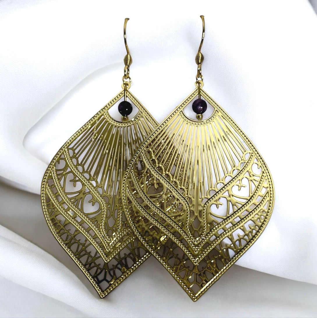 BOUCLES D’OREILLES FEUILLE BOHÈME AMÉTHYSTE DORÉ