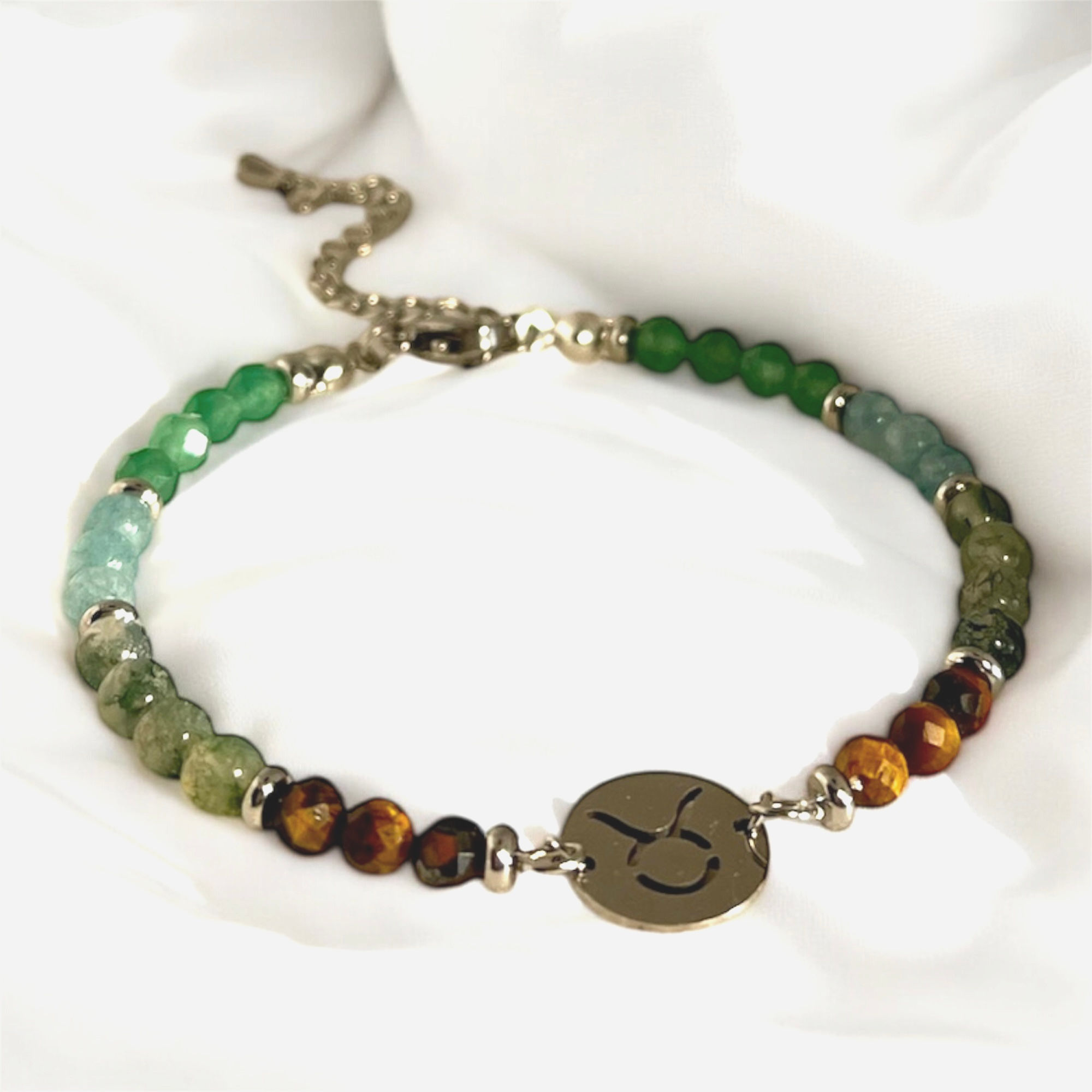 BRACELET ASTRO TAUREAU ŒIL DE TIGRE AGATE MOUSSE AIGUE-MARINE AVENTURINE ARGENTÉ