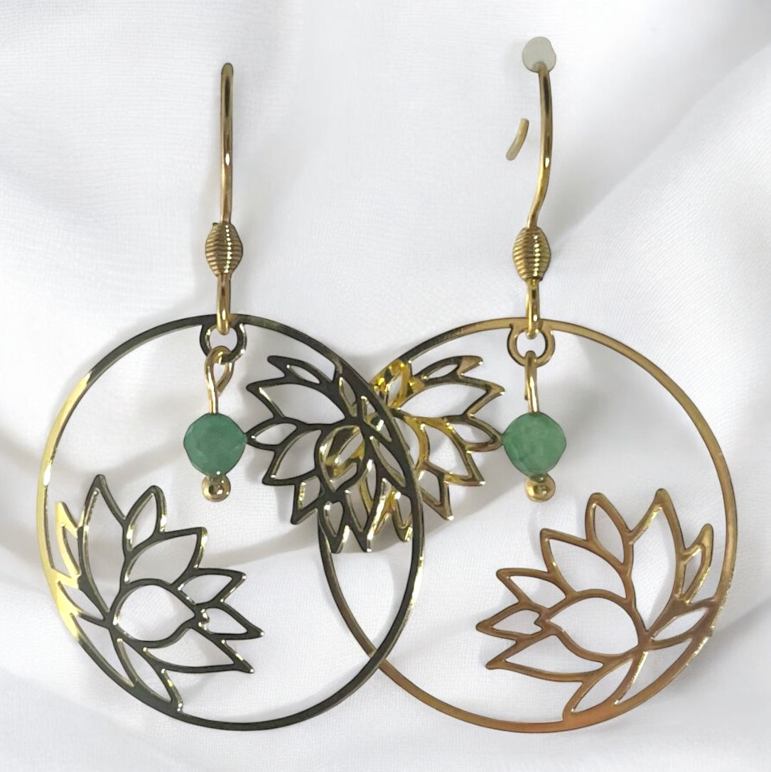 BOUCLES D’OREILLES DOUBLE LOTUS AVENTURINE DORÉ