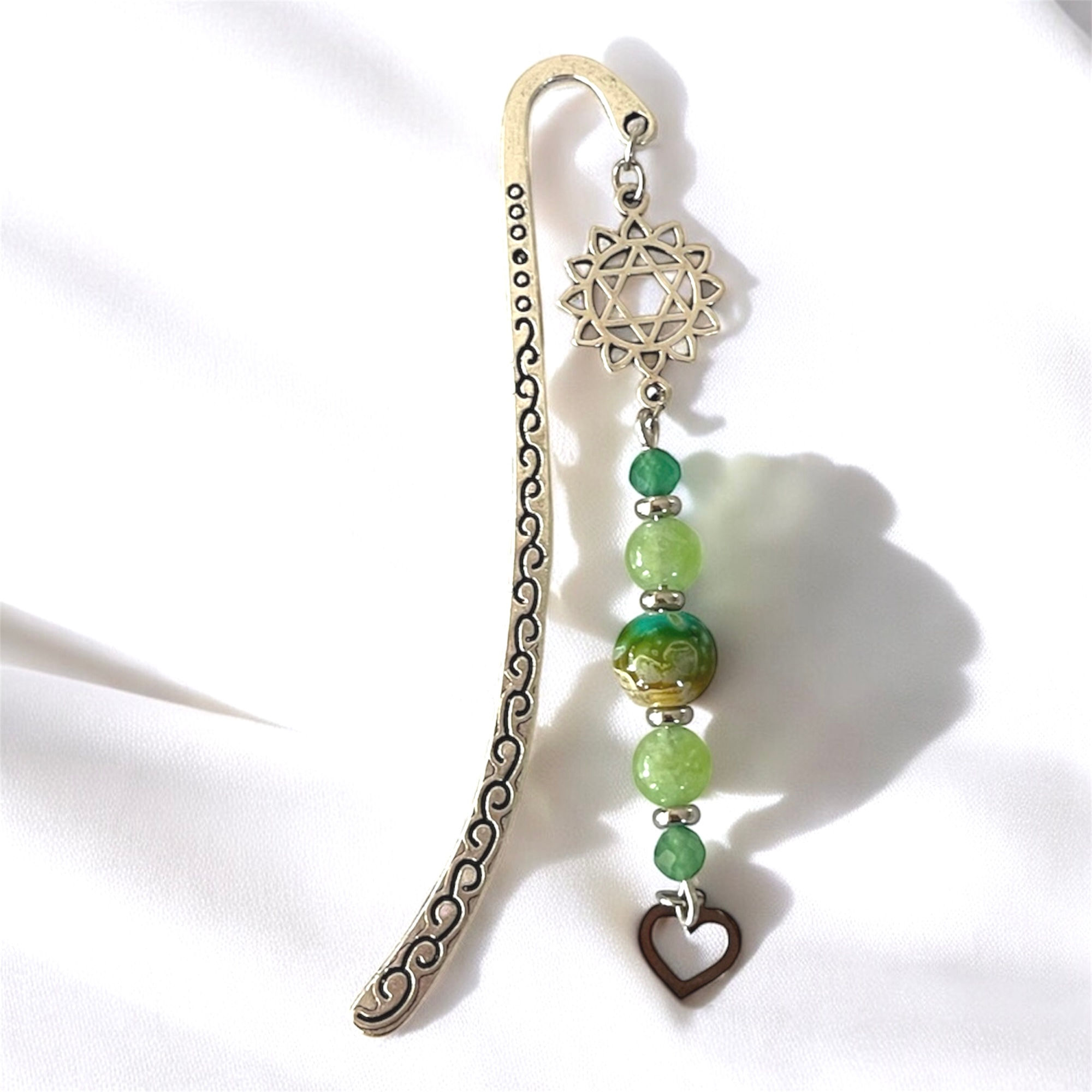 MARQUE- PAGES CHAKRA CŒUR AVNTURINE JADE VERT ARGENTÉ 