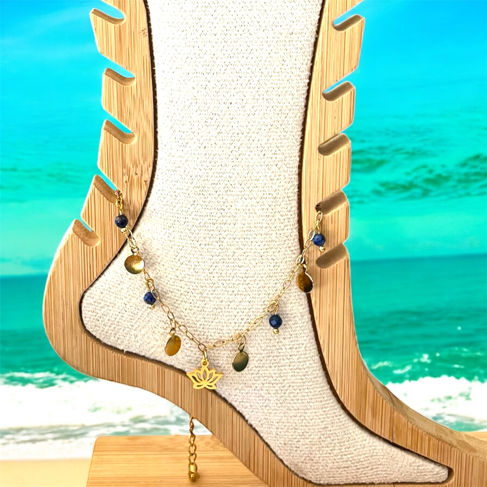 CHAINE DE CHEVILLE LOTUS TAILLE UNIQUE LAPIS LAZULI DORÉ 