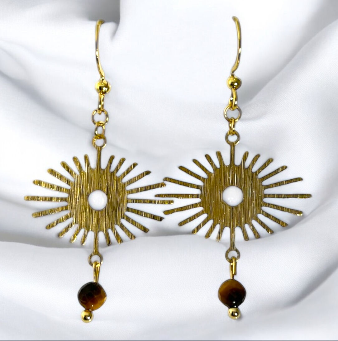 BOUCLES D’OREILLES SOLEIL ŒIL DE TIGRE DORÉ
