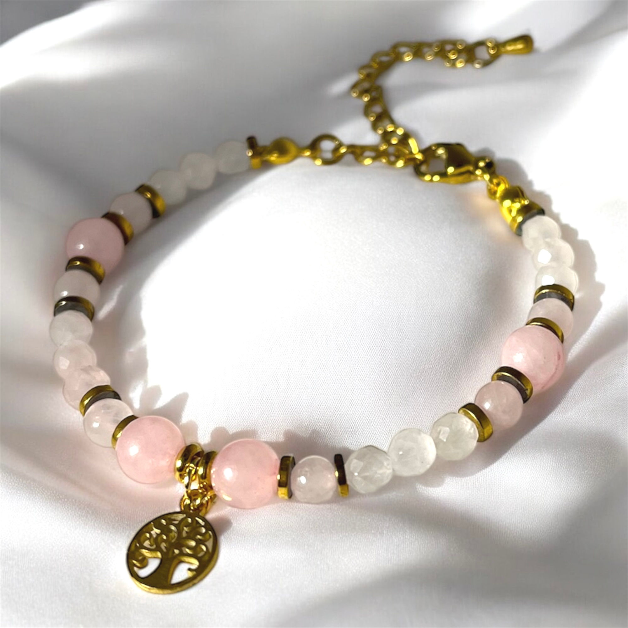 BRACELET ARBRE DE VIE QUARTZ ROSE HÉMATITE DORÉ 