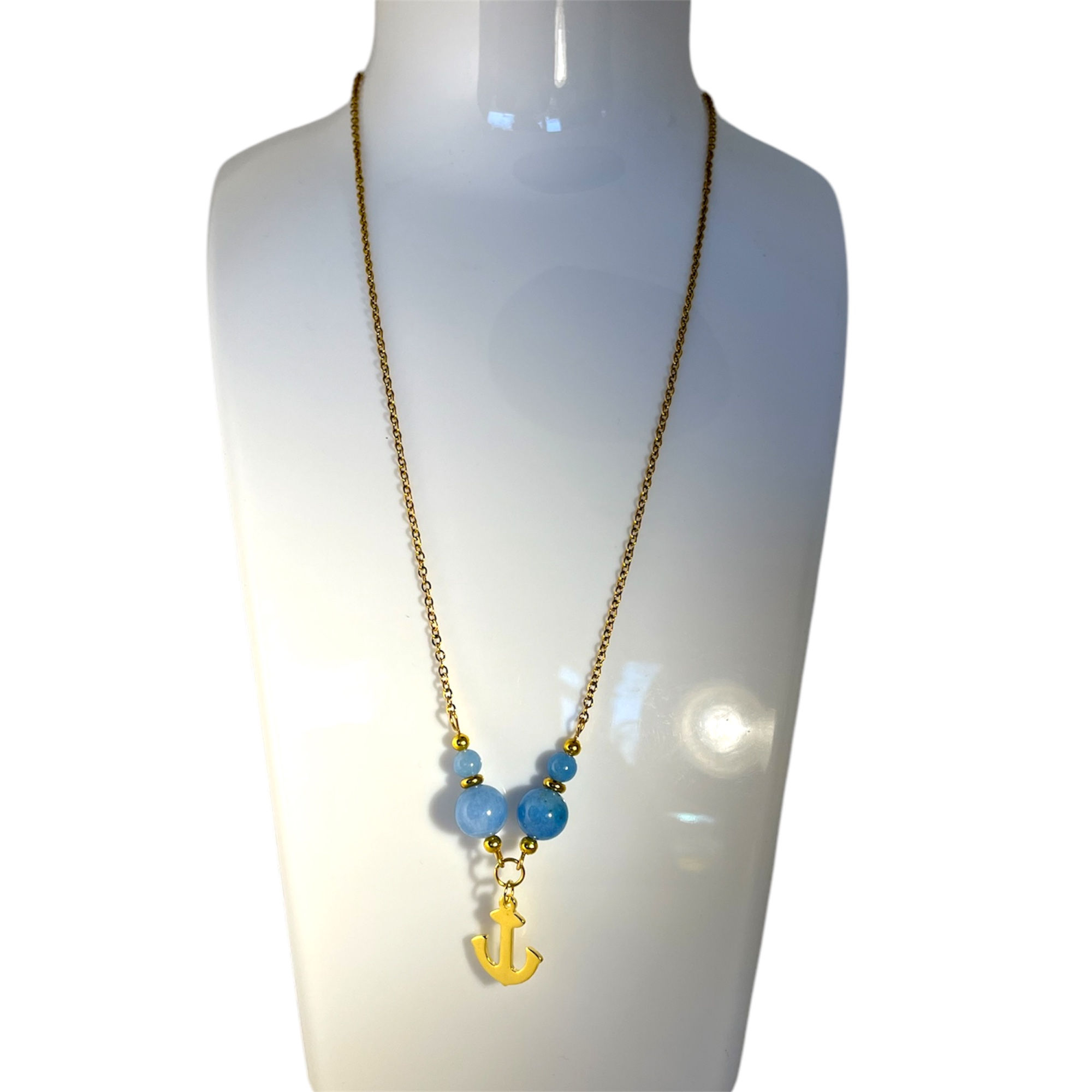 COLLIER ANCRE CALCÉDOINE BLEUE DORÉ 