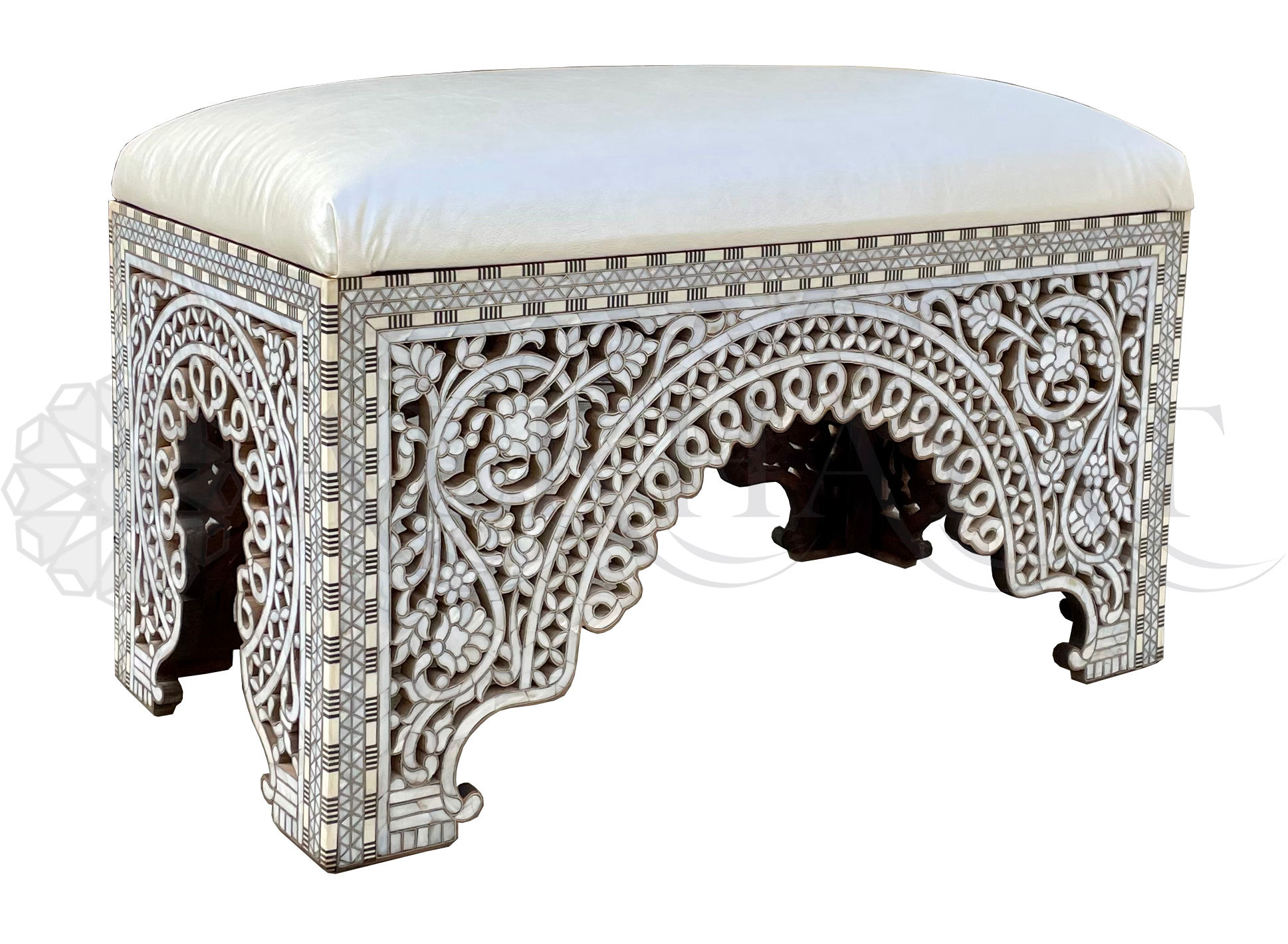 Contemporary Syrian Mother-of-Pearl Inlaid Bench – Handcrafted Luxury Designer Bench