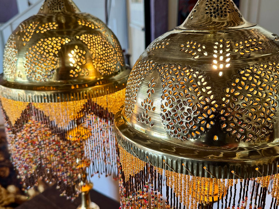 الصورة المصغرة: Pair of Hand-Etched Syrian Brass Table Lamps with Colorful Glass Beads.