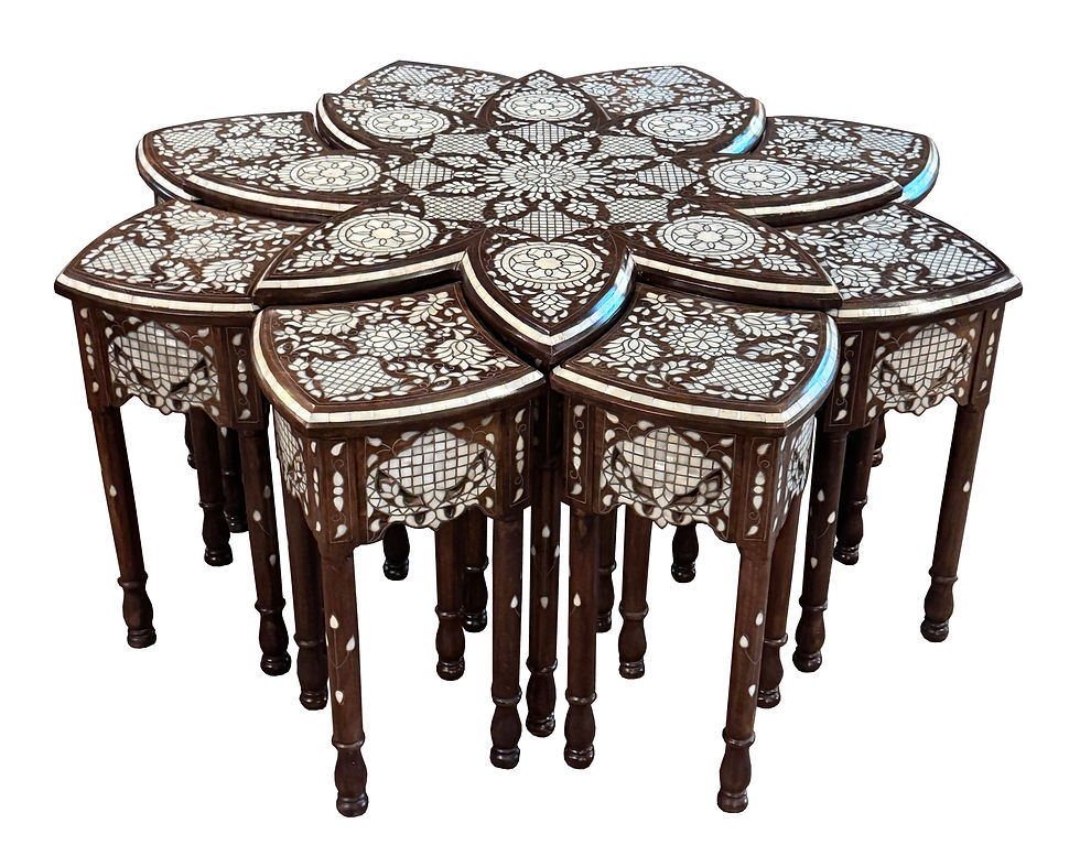 Syrian Mother-of-Pearl Inlaid Flower-Shaped Coffee Table with 8 Movable Stools