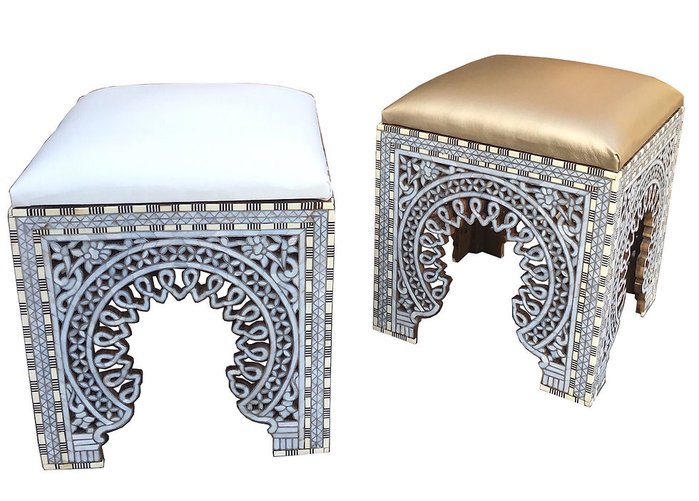 الصورة المصغرة: Bespoke Syrian Mother of Pearl Inlaid Stool – Luxury Leather Upholstery