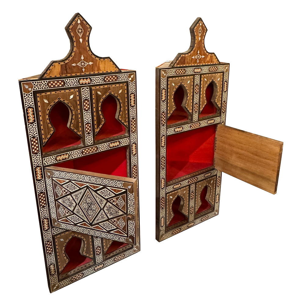 الصورة المصغرة: Late 20th century pair of Marquetry Inlaid Corner Wall Cabinets with Three Shelves