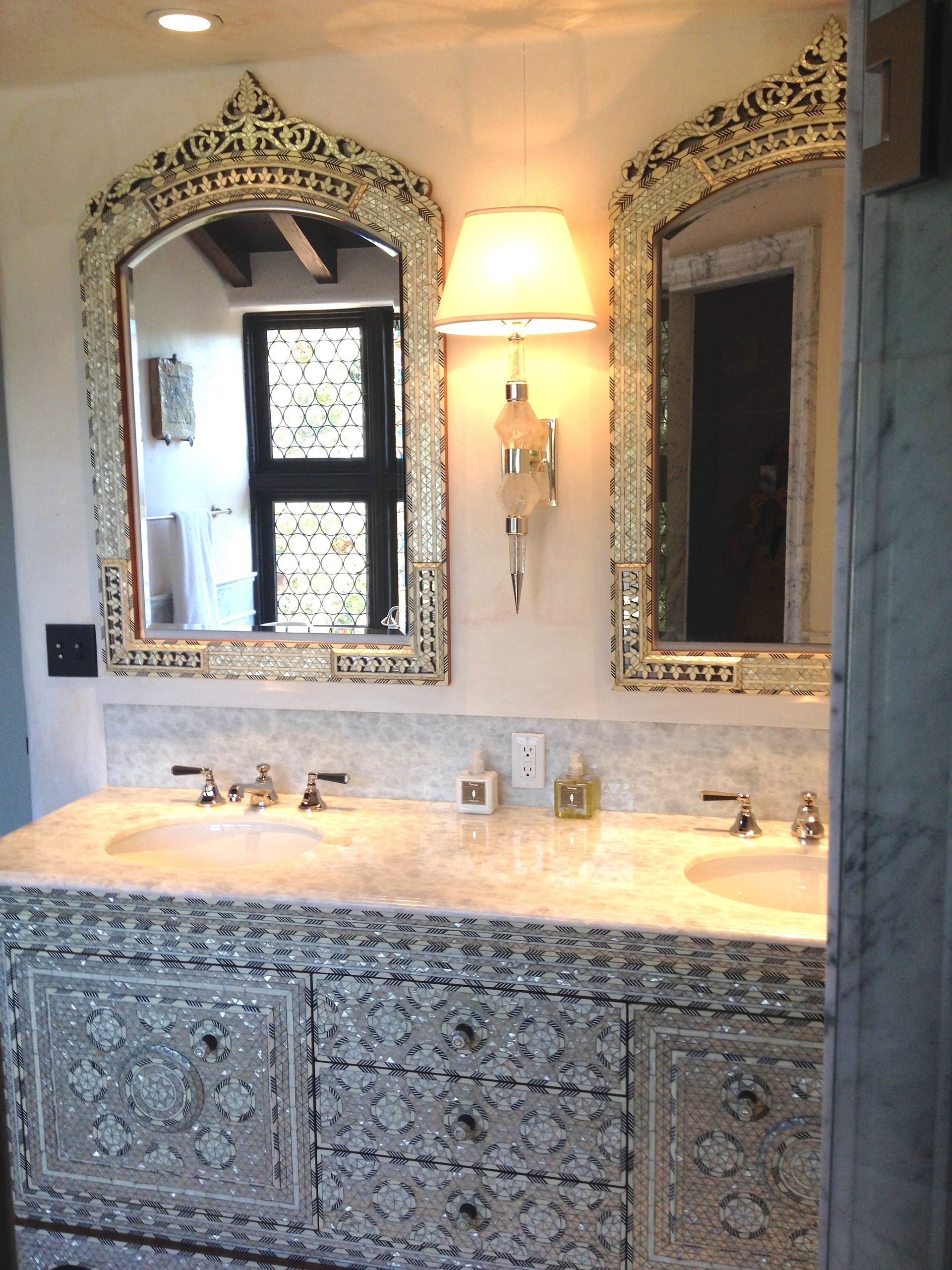 Mother of pearl inlaid Syrian double sink vanity and mirrors