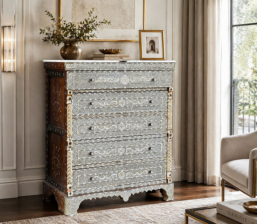 الصورة المصغرة: Antique Syrian mother-of-pearl highboy dresser with marble top
