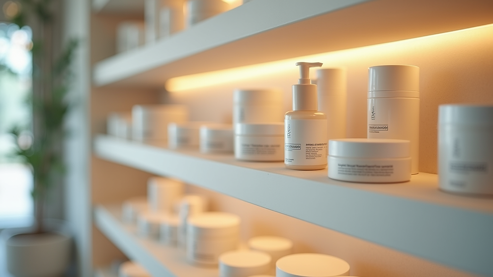 Eye-level view of a cosmetic shelf with various skincare products