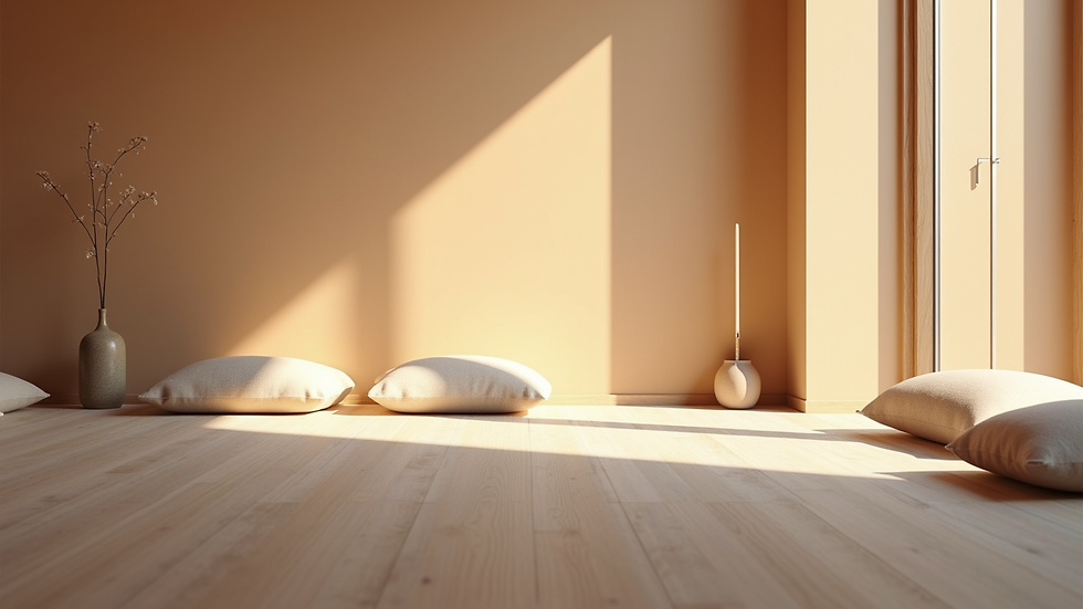 Eye-level view of a serene meditation space with cushions and soft lighting