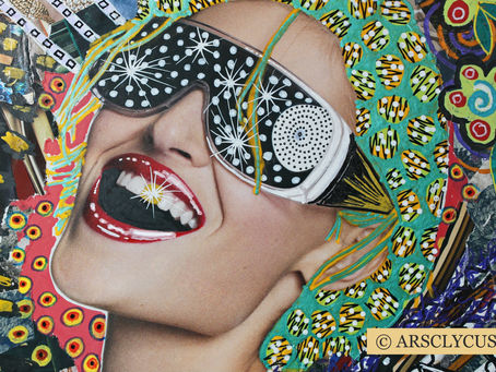 Collage of a woman smiling with colorful, patterned background. She wears starry sunglasses. Vibrant colors and dynamic, joyful mood. Text: ARSCLYCUS.