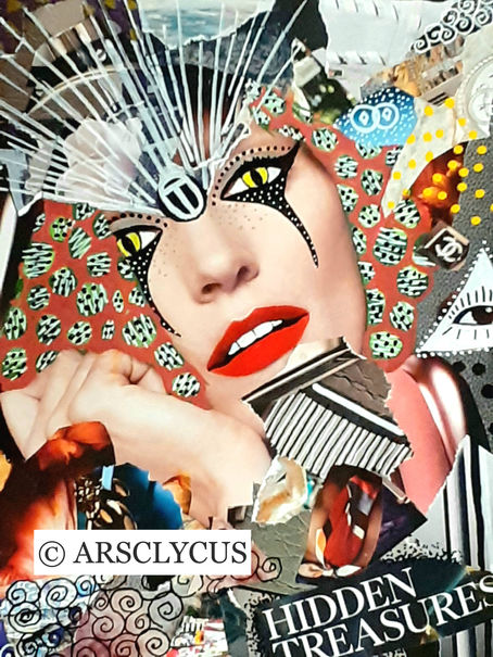 Vibrant and eclectic collage blending surreal elements, bold patterns, and vivid colors, showcasing a woman's face with striking makeup and a mosaic of textures and images, embodying the theme of "Hidden Treasures."
