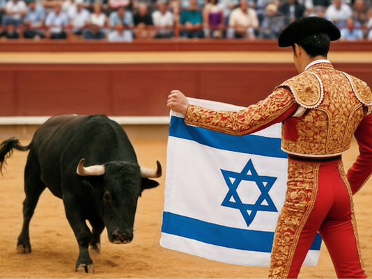 A matador holding an Israeli flag in front of a bull in a bullfight | Made with Grok, Photoshop