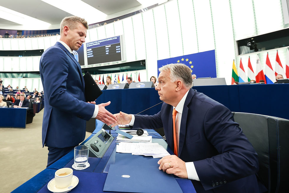 Incoming prime minister Péter Magyar (left) with defeated PM Viktor Orbán, whom Magyar worked under for years, at the European Parliament, 2024 | Photo: Alain Rolland © European Union 2024 - Source : EP